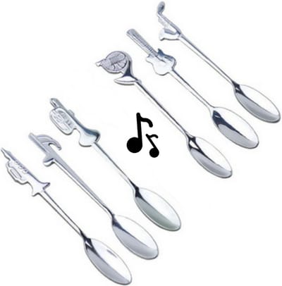 Muziek Lepeltjes - 6 Koffielepels/Theelepels met Muziekinstrumenten & Muzieknoot - Gitaar/Saxofoon/Trompet/Hoorn - Zilver kleur