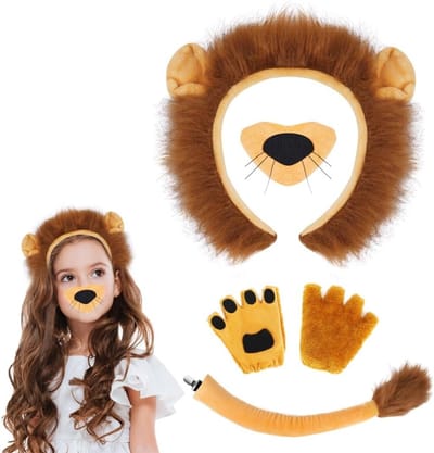 Leeuwenkostuum Accessoireset met Pluche Hoofdband, Staart, Neus en Handschoenen voor Halloween en Feestjes, Dierenkostuum voor Kinderen en Volwassenen