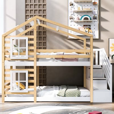 Wishdor Kinder Stapelbed 90x200 cm - Boomhuisontwerp - Opbergladder - Massief Grenenhout en MDF - Naturel en Wit