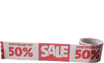 Kortpack - Afzetlint van Papier 75mm breed x 20mtr - Met Opdruk: Sale/ Korting tot 50% - (026.0856)