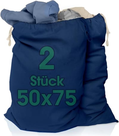 SnelShoppen - Set van 2 Extra Grote Waszakken 50x75 cm van 100% Katoen, Duurzaam met Trekkoord, Donkerblauw, Ideaal voor Reis en Thuisgebruik