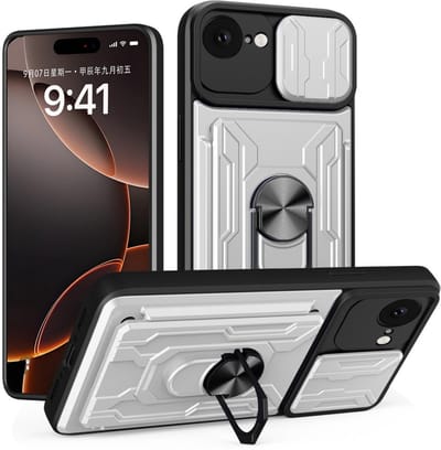 Coverup Hoesje - Geschikt voor iPhone 16e / 17e Hoesje - Coverup Armor Ring Kickstand Back Cover met Camera Shield - Zilver