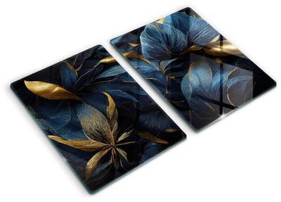 Wallfluent Spatscherm Keuken - Blauw Spatbescherming Kookplaat - Set 2 Stuks 40x52 cm - Decoratieve Bladeren Met Goud Keuken Achterwand Bescherming - Bloemen en planten Rechthoekig Spatscherm Keuken