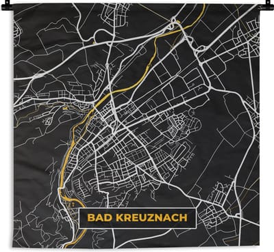 Wandkleed - Wanddoek - Duitsland – Black and Gold – Bad Kreuznach – Stadskaart – Kaart – Plattegrond - 180x180 cm - Wandtapijt