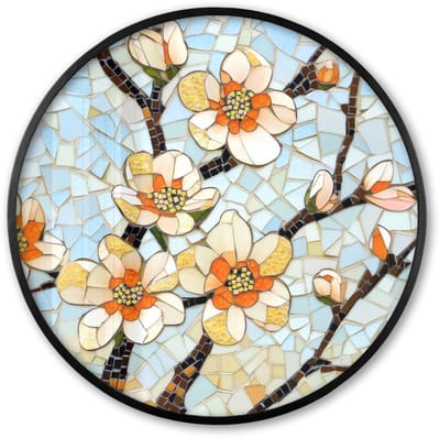 Poster in lijst Rond - Fotolijst 60x60 cm - Posters - Bloesems - Wit - Mozaïek - Tak - Ronde posterlijst zwart - Decoratie - Wanddecoratie woonkamer - Muurdecoratie slaapkamer