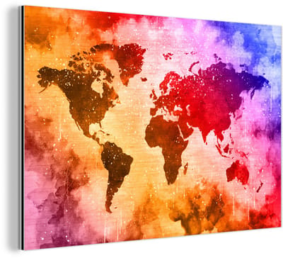 Aluminium schilderij 180x120 cm - Wanddecoratie metaal - Wereldkaart - Verf - Kleuren - Metalen muurdecoratie woonkamer - Decoratie industrieel - Foto op dibond - Industriële accessoires slaapkamer