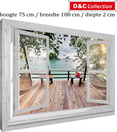Buiten canvas doorkijk venster - om houten frame gespannen - 100x75x2 cm - doorkijk - wit luxe venster - tuindoek - uitzicht op Thais houten vlonderterras - tuin decoratie - tuinposters buiten - tuinschilderij
