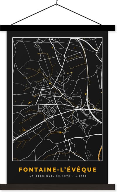 Posterhanger incl. Poster 40x60 cm - Schoolplaat - Fontaine-L'Évêque - Plattegrond - Goud - Kaart - Stadskaart - Textielposter - Zwarte latten - Stadskaart
