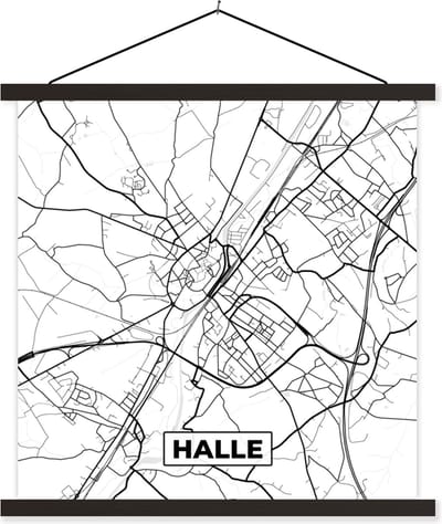 Posterhanger incl. Poster 60x60 cm - Schoolplaat - Zwart Wit – België – Plattegrond – Stadskaart – Kaart – Halle - Textielposter - Zwarte latten - Stadskaart