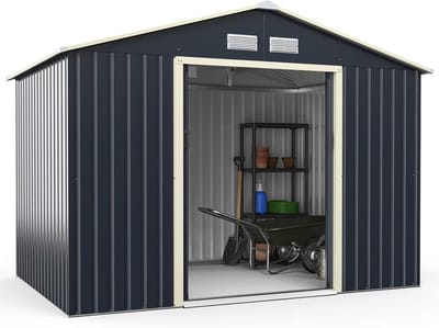 COSTWAY Gereedschapsschuur van metaal, 277 x 191 x 202 cm, afsluitbaar, tuinhuis met 4 ventilatiesleuven en schuifdeur, tuinschuur voor grasmaaiers, fietsen, gereedschap, metalen schuur, voor buiten