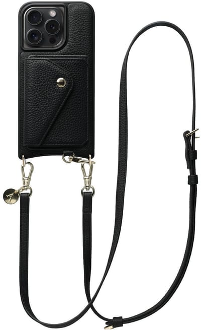 AVY Leren Hoesje geschikt voor Apple iPhone 15 Pro Max | Met Koord en Magnetische Kaarthouder | Compatibel met MagSafe | Leather Case met 130CM Koord & Wallet | Long Leather | Zwart