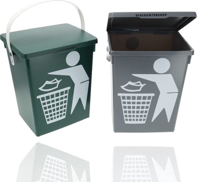 Prullenbak met deksel & handgreep | set van 2 - aanrecht afvalbakken - 4.5 liter elk | mini prullenbak voor keuken, huishouden & kantoor | 14x19x23cm | groen & grijs