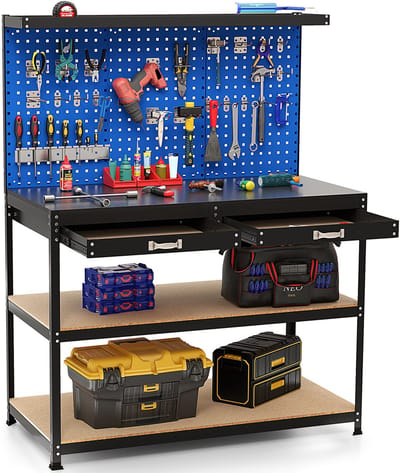 COSTWAY Werkbank 121 x 61 cm, 230 kg draagkracht, werktafel met gatenwand, laden & planken & 24 hanghaken, werktafel gereedschapsbank voor huis, garage, werkplaats (blauw, 121x65x156 cm)
