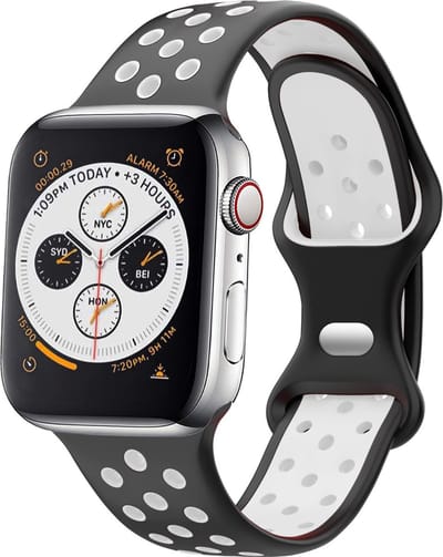 Strap-it Classic Sportbandje - Geschikt voor Apple Watch bandje - Series 1/2/3/4/5/6/7/8/9/10/11/SE/SE2/SE3 - Zwart/Wit - Siliconen bandje sport - Sport Loop iWatch bandje maat: 38 / 40 / 41 / 42mm