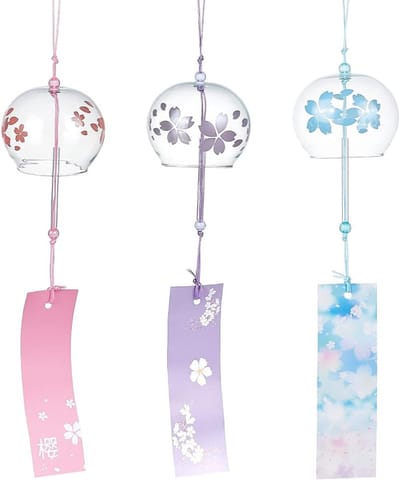 JeiibrZui Japanse Windklokken Set - 3 Stuks Handgemaakt Glas - Roze Blauw Lila - 38 Cm Lang - Voor Tuin Raam Bruiloft Feest Decoratie