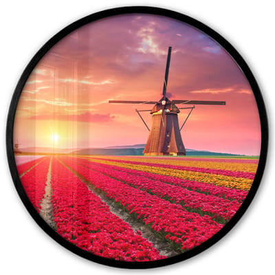 Poster in lijst Rond - Fotolijst 40x40 cm - Posters - Bloemen - Tulpen - Bloemenveld - Molens - Holland - Ronde posterlijst zwart - Decoratie - Wanddecoratie woonkamer - Muurdecoratie slaapkamer