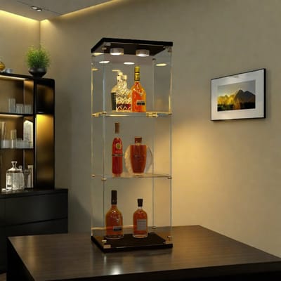Vitrinekast met LED Verlichting – 1 Deur, 3 Legplanken, Gehard Glas, Zwart – Moderne Displaykast