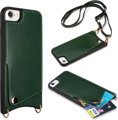 Casemania Hoesje Geschikt voor Apple iPhone SE (2022 / 2020) - iPhone 7/8 - Back Cover met Draagkoord - Pasjeshouder Hoes met Bandje - Crossbody Telefoonhoesje - Lanyard Case - Groen