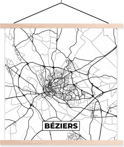 Posterhanger incl. Poster 40x40 cm - Schoolplaat - Frankrijk - Béziers - Plattegrond - Stadskaart - Kaart - Zwart wit - Textielposter - Blanke latten - Stadskaart