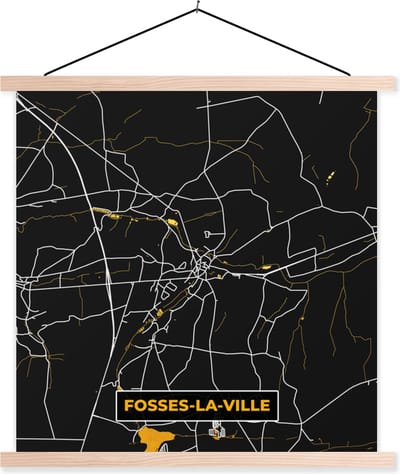 Posterhanger incl. Poster 40x40 cm - Schoolplaat - Goud - Stadskaart - Plattegrond - Fosses-La-Ville - Kaart - Textielposter - Blanke latten - Stadskaart