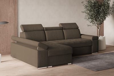 Hoekbank L met slaapfunctie, verstelbare hoofdsteunen & bedlade – Moderne slaapbank met opbergruimte – Hoekbank Luka L – Bruin (Twist 06) – Links