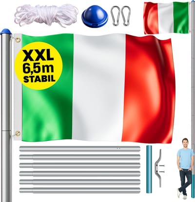 Monzana Vlaggenmast - Vlag Italië Aluminium 6,5m - Verstelbare Hoogte