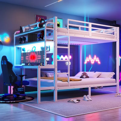 Stapelbed 140x200 cm - Met Bureau En LED Lichtstrip - Usb En Veiligheidshek - Metaal - Wit