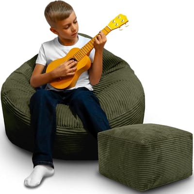 DreamRoots Zitzak voor Volwassenen & Kinderen – Corduroy Bean Bag Stoel met Voetsteun & Hoes – Inclusief Vulling – 70x70x70 cm – Dark Olive