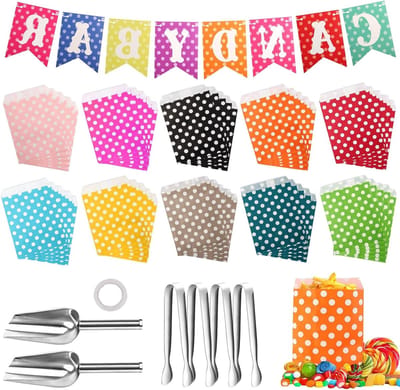 107-delige accessoires voor snoepbar, inclusief 100 snoepzakjes, 4 suikerlepels, 2 snoepbar schepen en 1 kleurrijke slinger voor feestjes en evenementen