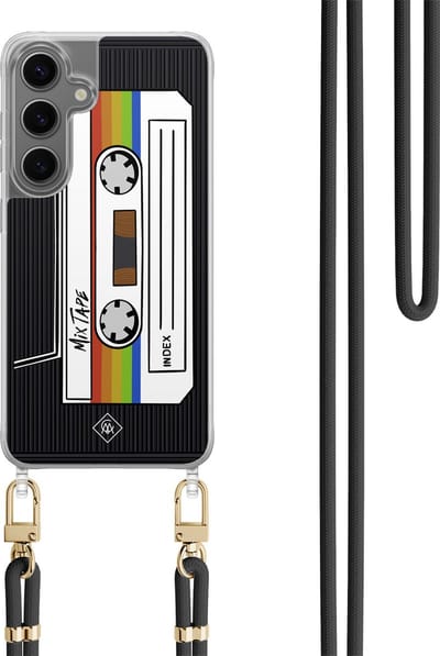 Casimoda® hoesje met koord - Geschikt voor Samsung S24 - Cassette Mixtape - Afneembaar koord - TPU/polycarbonaat - Zwart