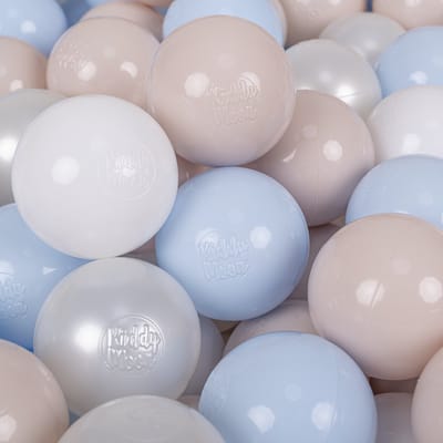 KiddyMoon Ballenbak 50 Ballen 7 cm Zacht Ideaal Voor Ballenbak Speeltenten En Springkastelen Kleurrijk Duurzaam Gemaakt In EU Voor Binnen En Buiten - Pastelbeige Pastelblauw Wit Parel