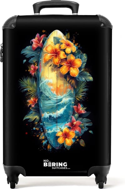 NoBoringSuitcases.com® - Handbagage koffer lichtgewicht - Reiskoffer trolley - Surfplank omringd door bloemen - Rolkoffer met wieltjes - Past binnen 55x40x20 en 55x35x25