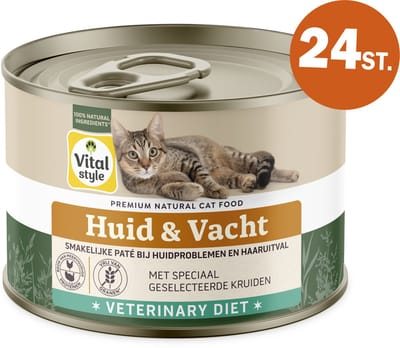 VITALstyle Huid & Vacht - Kattenvoer Natvoer - Ondersteunt Bij Huidproblemen En Extreem Verharen - Met o.a. Brandnetel & Sint Janskruid - 24 x 200 g