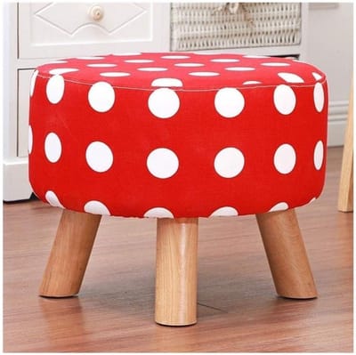Voetbank Massief Hout - Ronde Kruk - Zitcomfort Verhoging - Afneembare Stoffen Hoes - 40 x 35 cm - Stippen Rood