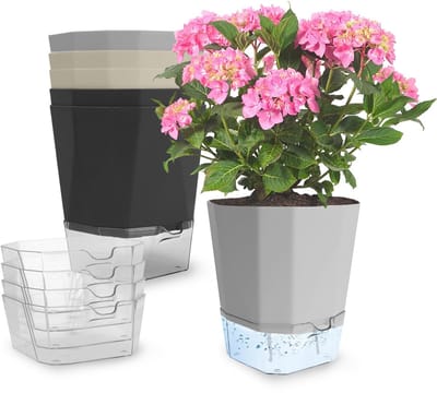 Plantenpotten - 15 cm plastic plantenbakken met lont, schotels en drainagegaten, luie tuinbloempotten voor binnen, buitenplanten, kruiden, vetplanten