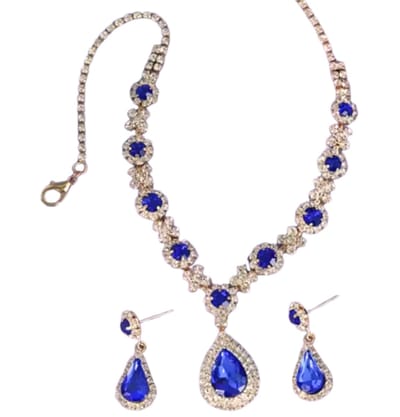 Bruidsset -Moretti -blauw- goudkleurig -strass- ketting met oorbellen- trouwen- Charme Bijoux
