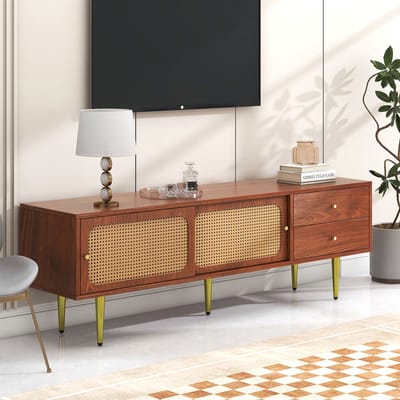 STILVORA TV-meubel Retro met 2 schuifdeuren van Rattan en 2 lades - 4 grote vakken, 2 verstelbare - Voor woonkamer en eetkamer - 160x40x60 cm - MDF - Bruin