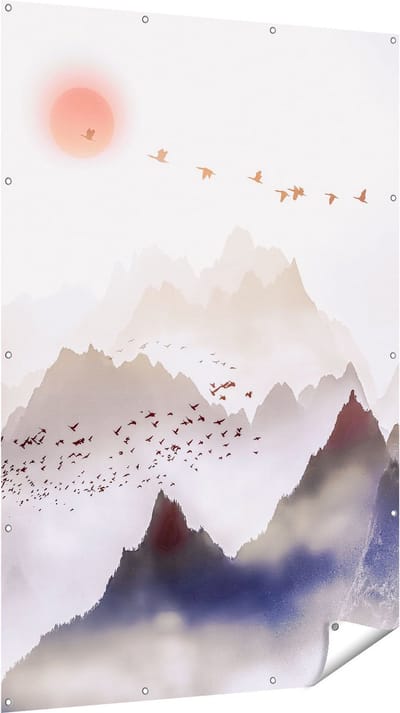 Gards Tuinposter Bergenlandschap met een Boom - Abstract - 120x180 cm - Tuindoek - Tuindecoratie - Wanddecoratie buiten - Tuinschilderij