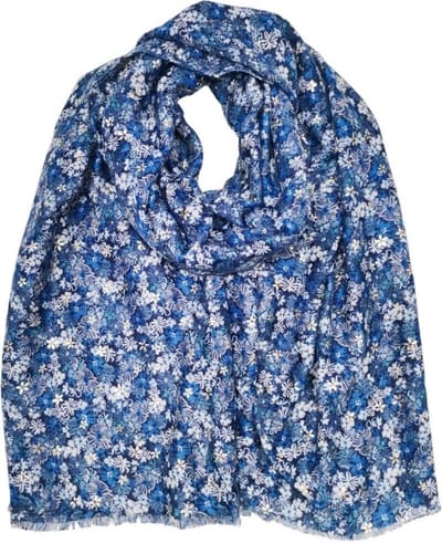 Lange dames sjaal Joanca gebloemd motief blauw wit goud lichtblauw donkerblauw korenblauw