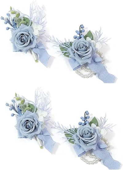 Corsage en Boutonniere Set - Polsbloemen Decoratie - Bruiloft Accessoires - Gedetailleerd Ontwerp - 2 Stuks Per Set - Blauw