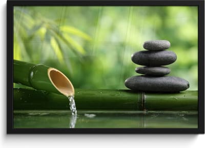 Poster in lijst - Fotolijst 60x40 cm - Posters - Zen - Stenen - Groen - Natuur - Bamboe - Posterlijst zwart - Wanddecoratie badkamer - Muurdecoratie WC - Decoratieve accessoires - Toilet muur decoratie