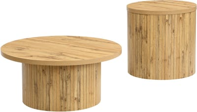 Ronde Salontafel Set 2-delig, Natuurhout Look, Combineerbare Bijzettafels, Scandinavisch Design, Multifunctionele Woonkamertafels