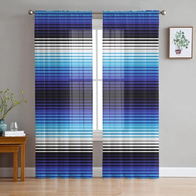 Kleurrijke Mexicaanse Strepen Slaapkamer Transparante Sheer Gordijnen Vakantie Decoratie Raam Voile Tule Gordijn 135W x 114H(cm) black