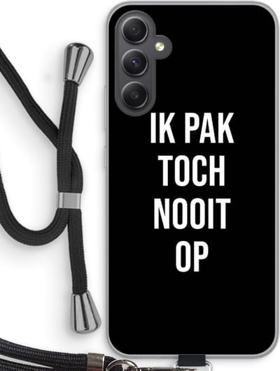 Case Company® - Hoesje met koord geschikt voor Samsung Galaxy A34 hoesje met Koord - Ik pak nooit op - Zwart - Telefoonhoesje met Zwart Koord - Bescherming aan alle Kanten en Over de Schermrand