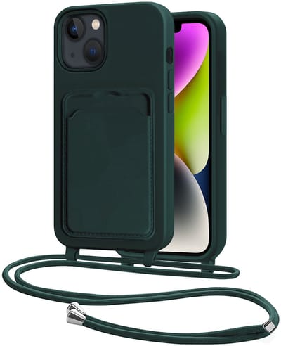Hoes Geschikt voor iPhone 13 Hoesje Pasjeshouder Cover Met Koord Case Siliconen Hoes Met Telefoonkoord en Kaarthouder - Donkergroen