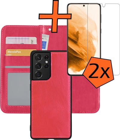 Hoes - 2 in 1 - Geschikt voor Samsung Galaxy S21 Ultra - Met 2x Screenprotector - En Uitneembare Hard Cover - Bookcase - Wallet Case - Met Pasjeshouder - Book Case - Uitneembaar - Pashouder - Kunstleer - Donkerroze