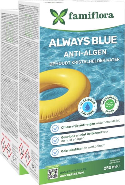 Famiflora Always Blue Anti-alg & Groenverwijderaar - 2 x 250 ml (= +/- 28.500L water) Chloorvrij - Voor zwembad en spa - Geen rode ogen of huidirritatie - 100% Chloorvrij en geurloos