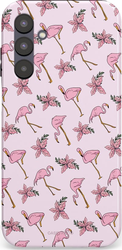 Casetastic hoesje geschikt voor Samsung Galaxy A25 - Dubbellaagse bescherming - Tropisch Roze Flamigo Bloemen Paradijs - Fashion Case - Lichtgrijs Wit Lichtroze