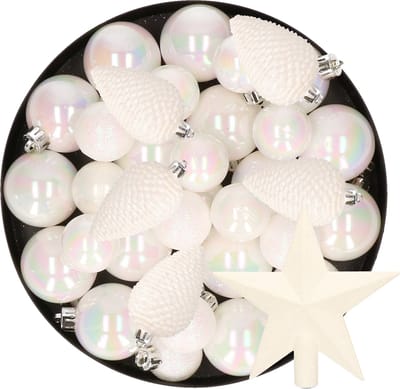 Kerstversiering kunststof kerstballen met piek parelmoer wit 6-8-10 cm pakket van 45x stuks - Kerstboomversiering