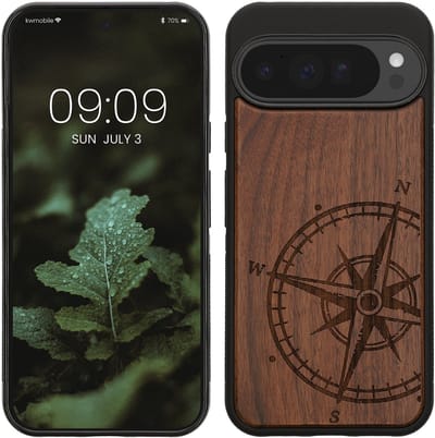 kwmobile telefoonhoesje geschikt voorGoogle Pixel 10 Pro XL - Hoesje met bumper - hout - In donkerbruin Vintage Kompas design